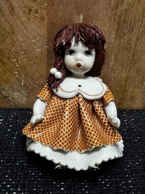 Zampiva of Italy Ceramic Spaghetti Hair Seated Doll Figurine, Vintage Circa 1980